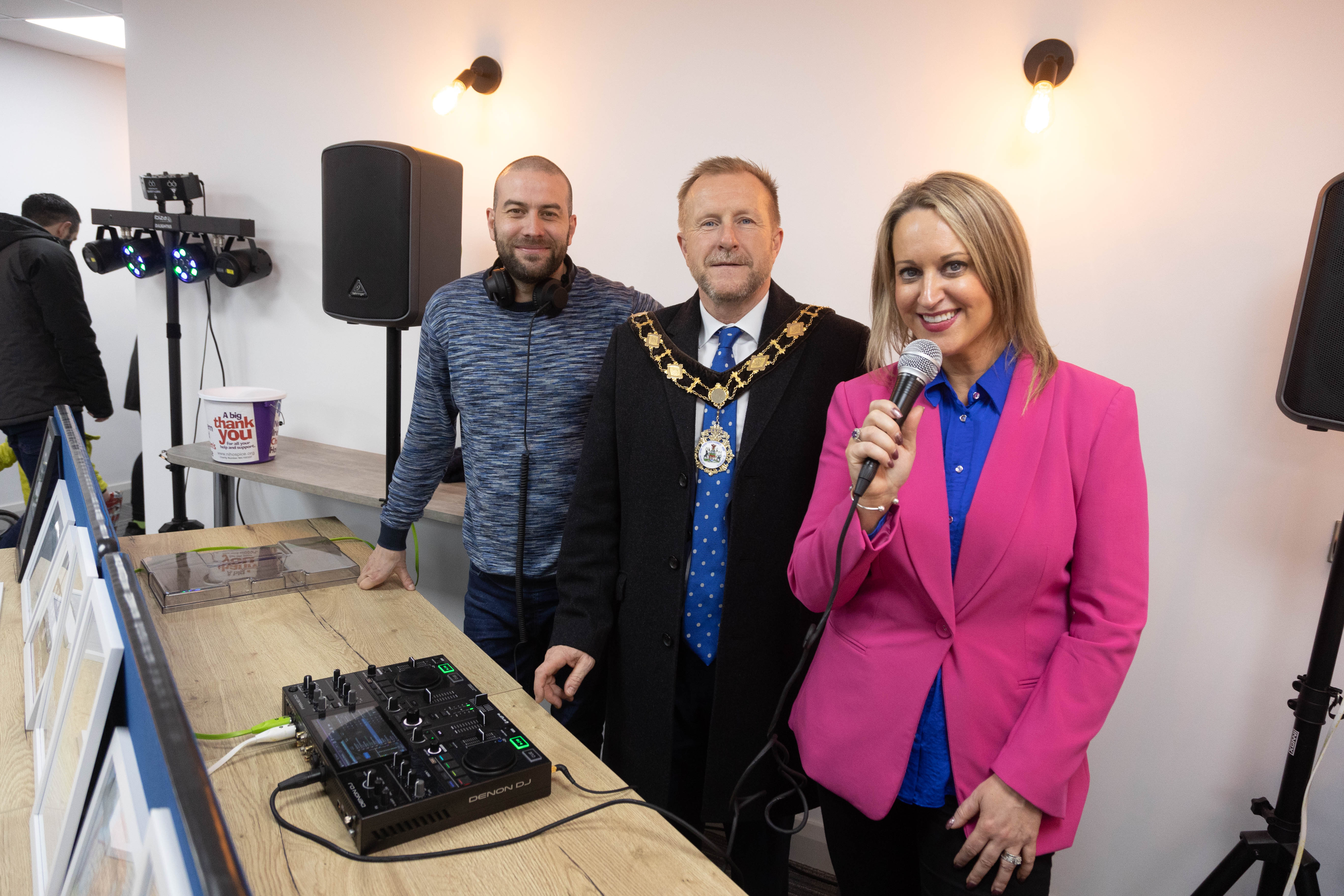The Mayor of Antrim and Newtownabbey Alderman Stephen Ross pictured with tenant of Mallusk Enterprise Park Audio Level DJ and CEO Emma Garrett at the Mallusk Market