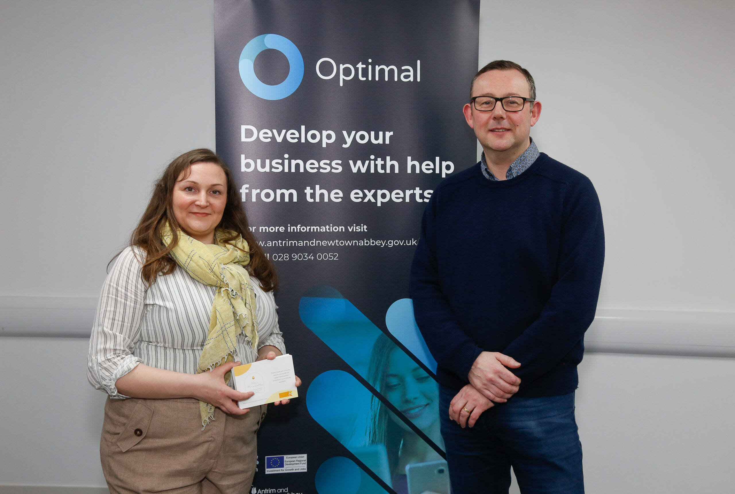 Carmel Ui Dhomhnaill-Solas Homeopathy pictured with Business Mentor Peter of Mallusk Enterprise Park