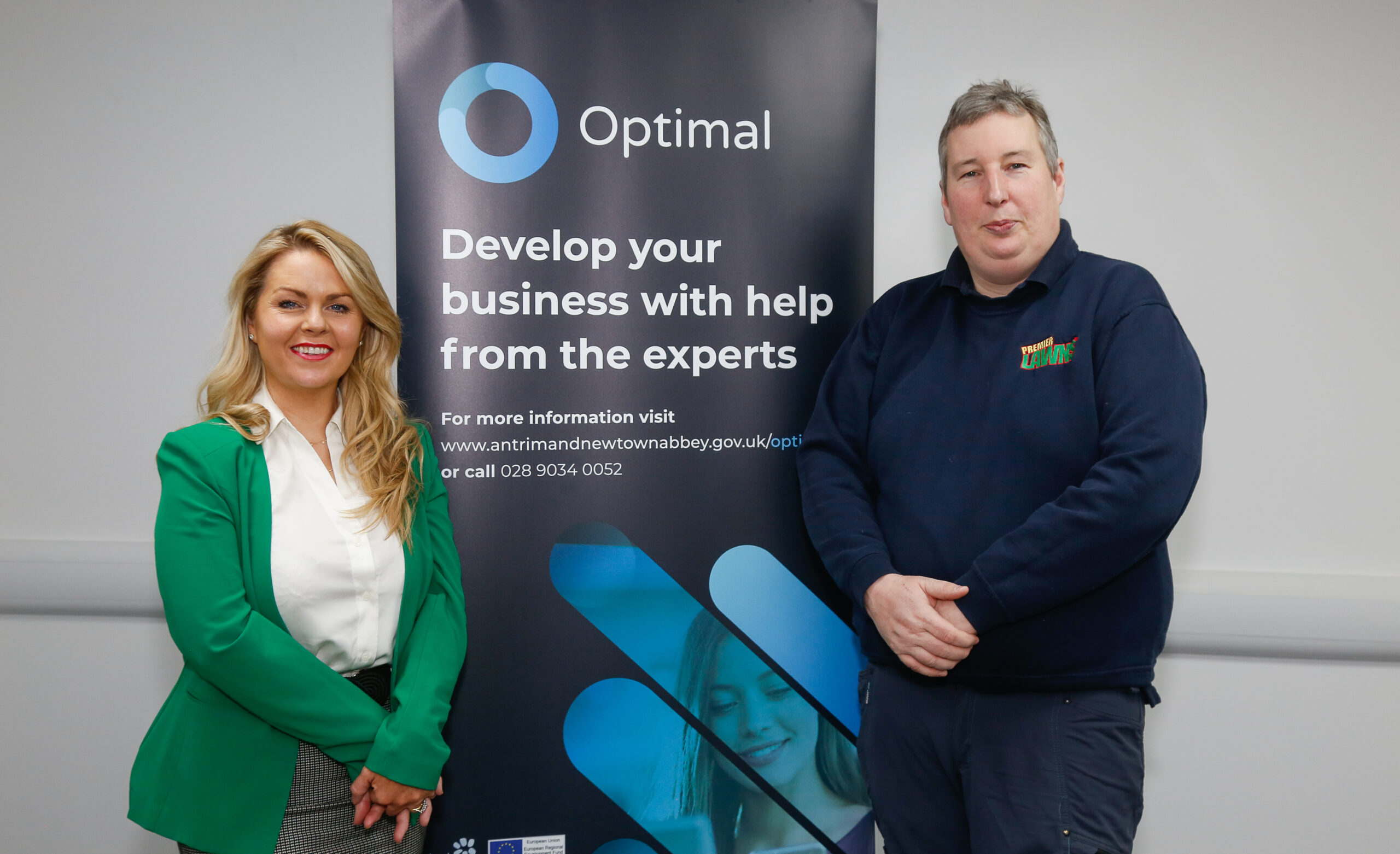 Robbie Lynn-Premier Lawns with OPTIMAL business growth support programme Manager Colleen McAreavey of Mallusk enterprise park