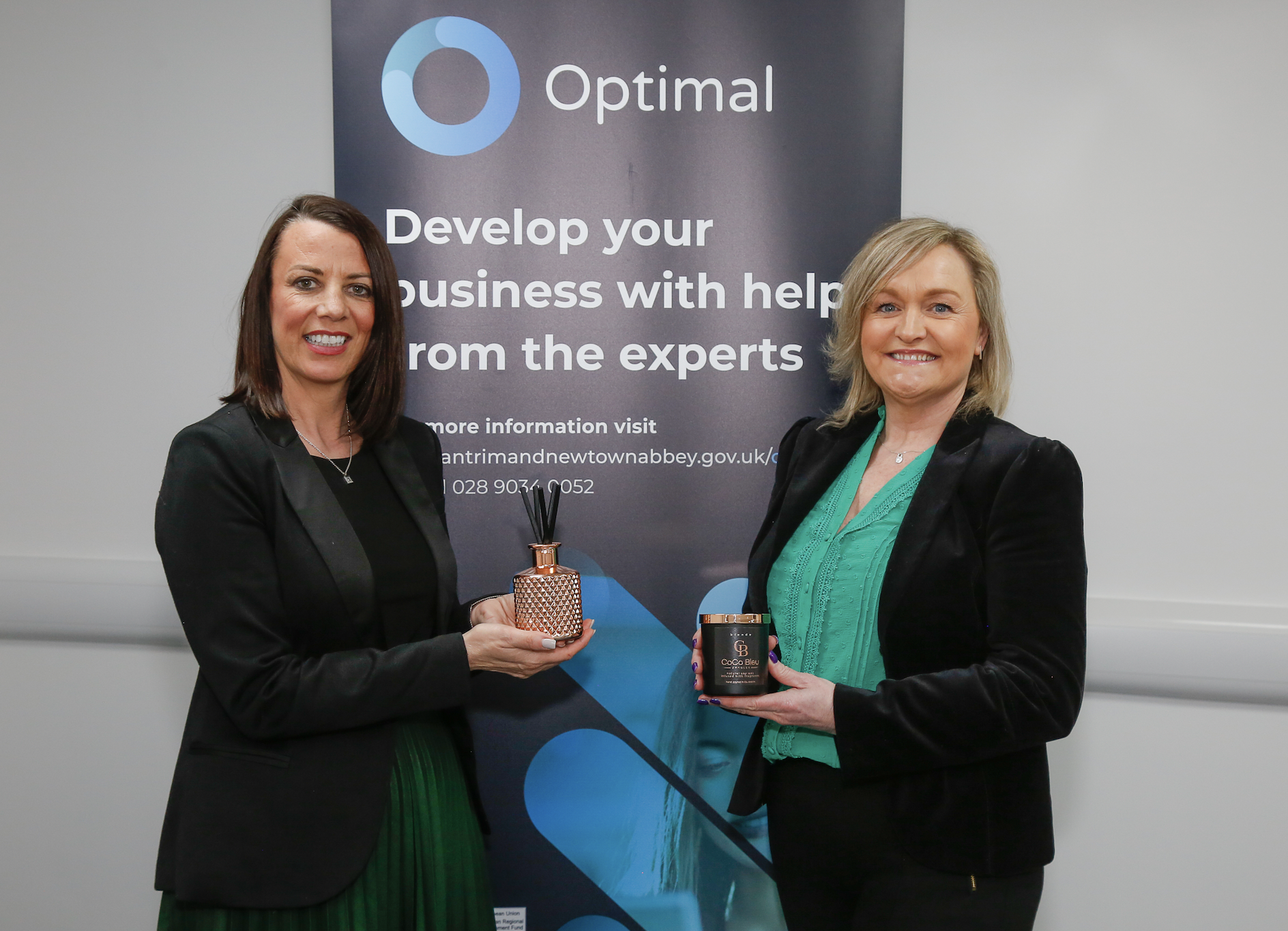 CoCo Bleu Candles founder Clare Getty with Mallusk Enterprise Park Business Adviser Louise Parkes who mentored Clare on the OPTIMAL business growth support programme.