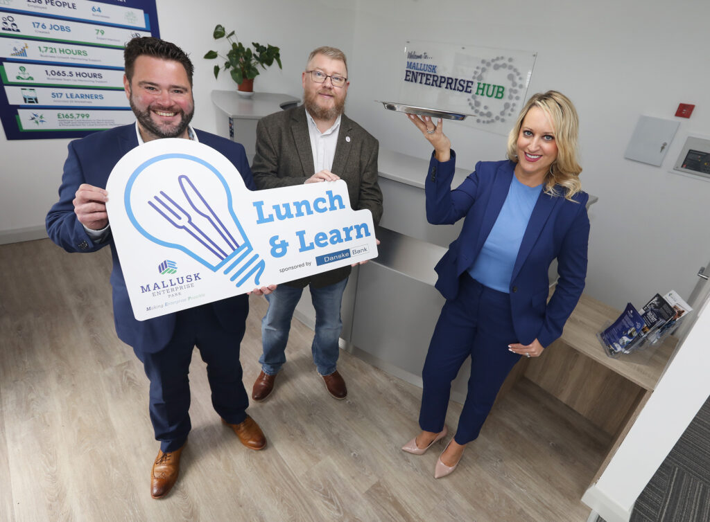 Ryan Mawhinney, Danske Bank joins forces with local enterprise agency Mallusk Enterprise Park to serve up lunchtime learnings for small businesses. Pictured with Mallusk Enterprise Park CEO Emma Garrett and Chairman Iain Patterson the leaders met at the new Mallusk Enterprise Hub to launch a lunch and learn Autumn event series that will help businesses take steps to tackle cyber security and fraud threats and to leverage growth enablers such as sustainability, accessing finance and becoming attractive employers.